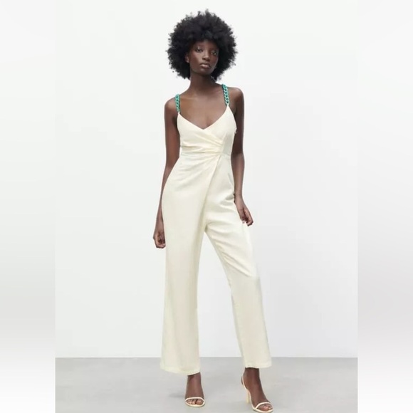 NWT Zara Linen Blend Jumpsuit with Chain Straps M Oyster White - Picture 3 of 15